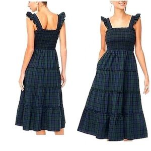 J. Crew Poplin Smocked Tiered Midi Dress in Navy and Green Tartan with Pockets